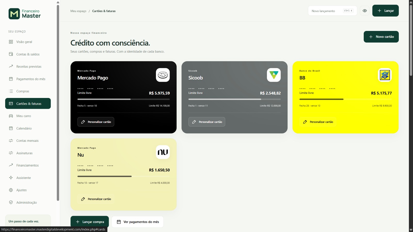 Cartões, parcelas e faturas — Financeiro Master